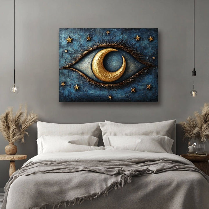 Celestial Vision – Crescent Moon & Stars Eye Wall Art Canvas for Bedroom or Meditation Space - Sense for Decor