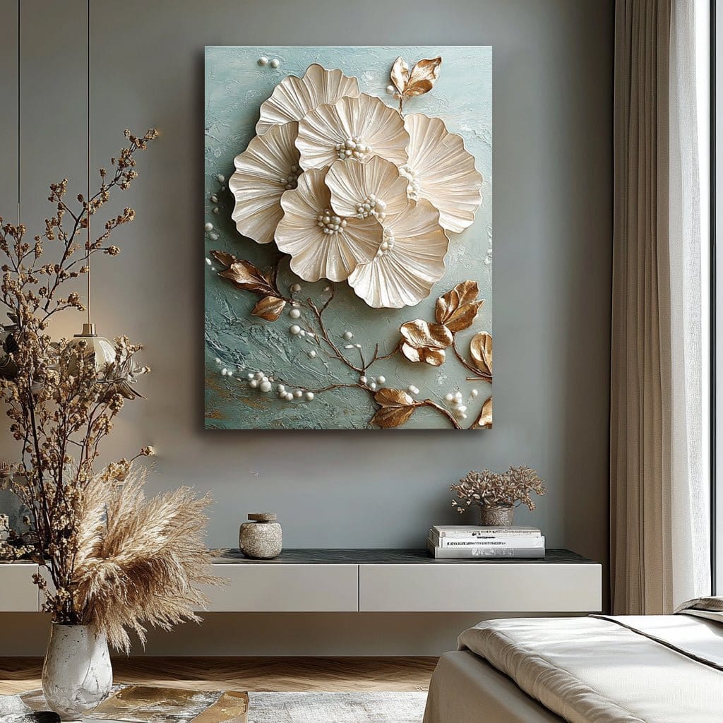 Champagne Floral Bloom Wall Art – Elegant Gold & Teal Canvas for Bedroom and Living Room - Sense for Decor