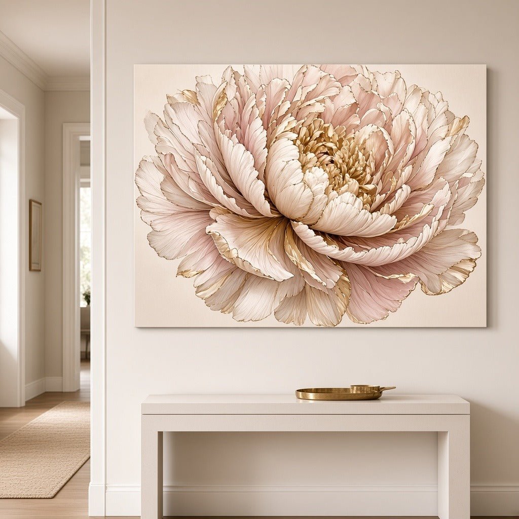 Champagne Peony Wall Art – Oversized Blush Pink and Gold Bloom Textured Look Canvas for Bedroom - Sense for Decor