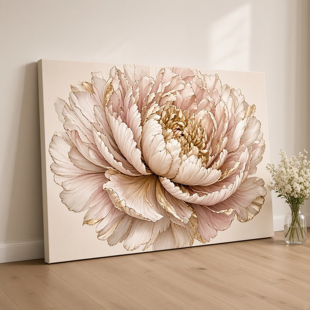 Champagne Peony Wall Art – Oversized Blush Pink and Gold Bloom Textured Look Canvas for Bedroom - Sense for Decor