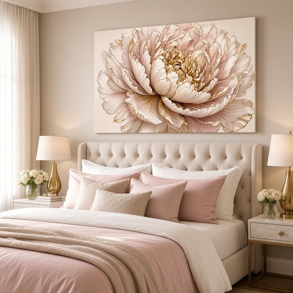 Champagne Peony Wall Art – Oversized Blush Pink and Gold Bloom Textured Look Canvas for Bedroom - Sense for Decor