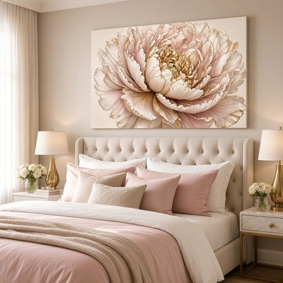 Champagne Peony Wall Art – Oversized Blush Pink and Gold Bloom Textured Look Canvas for Bedroom - Sense for Decor