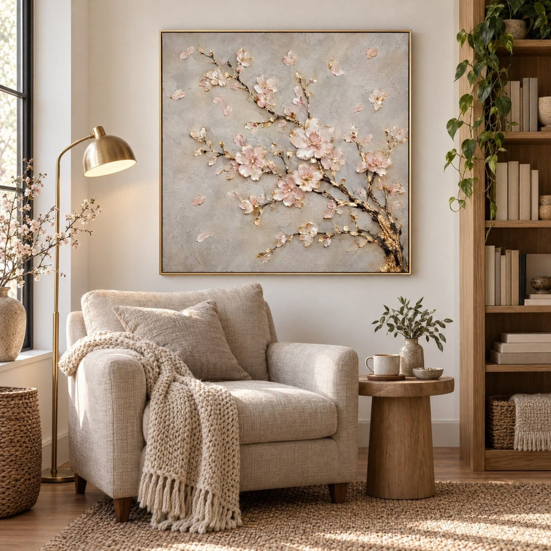 Cherry Blossom Wall Art – Oversized Pink and Gold Branch Textured Look Canvas for Bedroom - Sense for Decor