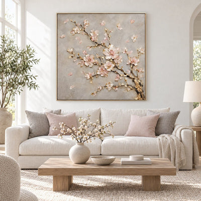 Cherry Blossom Wall Art – Oversized Pink and Gold Branch Textured Look Canvas for Bedroom - Sense for Decor