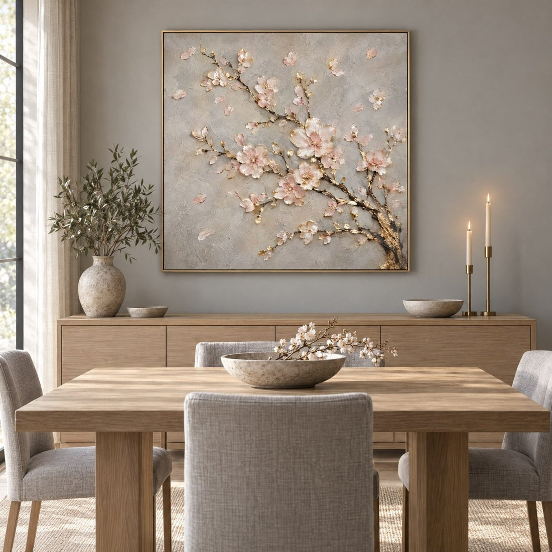 Cherry Blossom Wall Art – Oversized Pink and Gold Branch Textured Look Canvas for Bedroom - Sense for Decor
