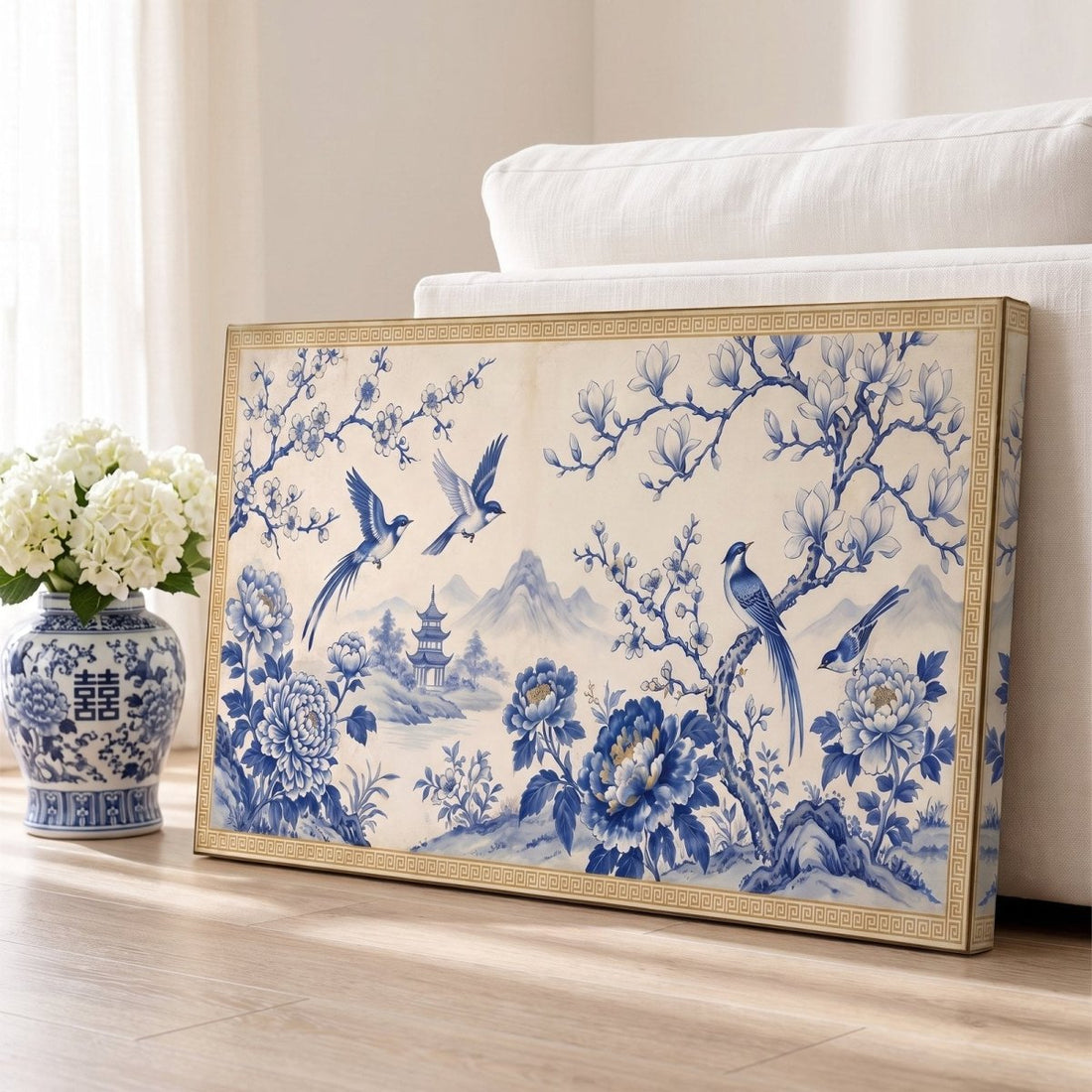 Chinoiserie Landscape Wall Art – Oversized Blue, White and Gold Panoramic Bird and Peony Canvas for Living Room - Sense for Decor