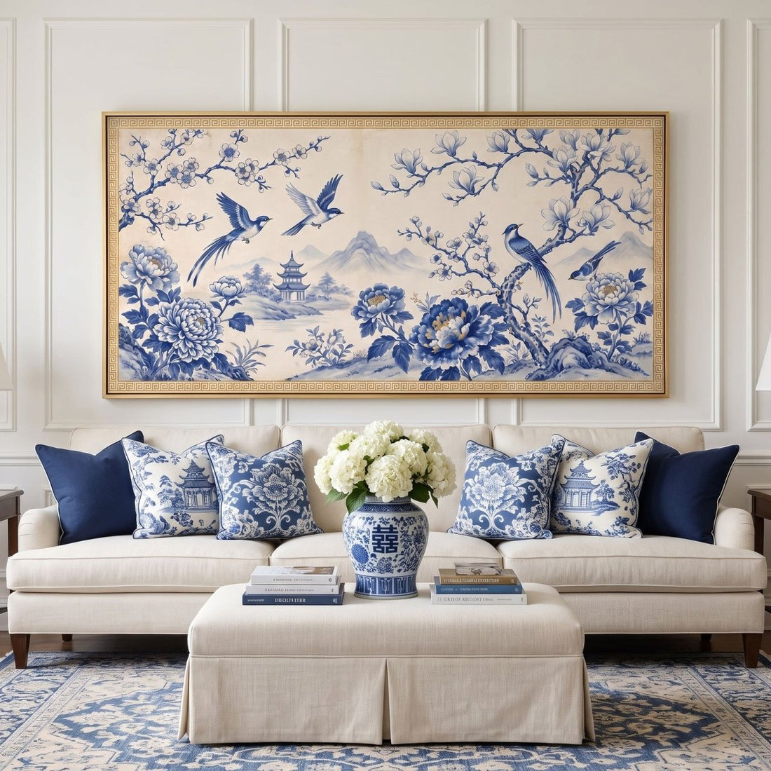 Chinoiserie Landscape Wall Art – Oversized Blue, White and Gold Panoramic Bird and Peony Canvas for Living Room - Sense for Decor