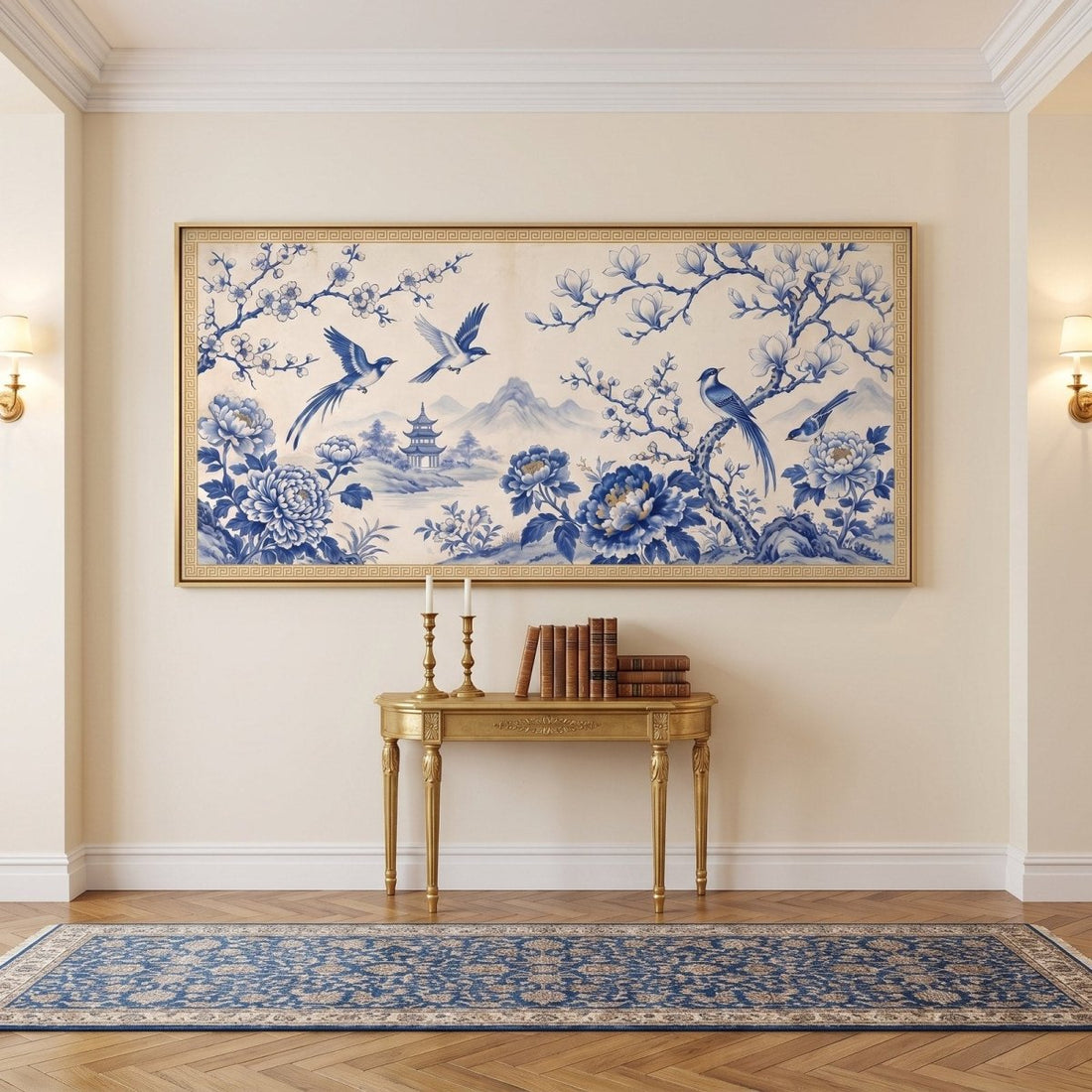 Chinoiserie Landscape Wall Art – Oversized Blue, White and Gold Panoramic Bird and Peony Canvas for Living Room - Sense for Decor