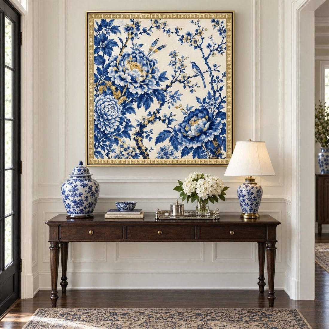 Chinoiserie Wall Art – Oversized Blue, White and Gold Floral Textured Look Canvas for Living Room - Sense for Decor