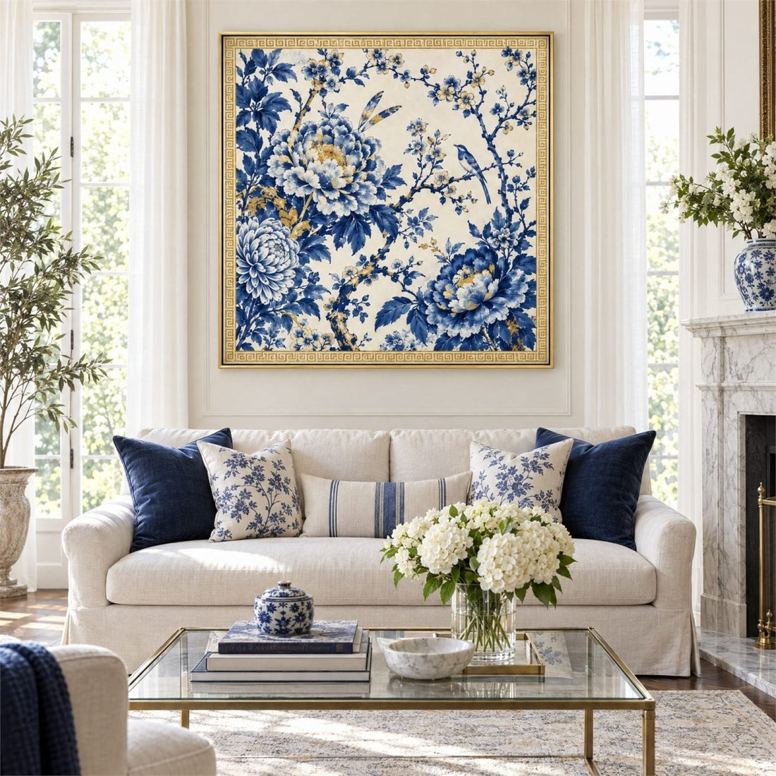 Chinoiserie Wall Art – Oversized Blue, White and Gold Floral Textured Look Canvas for Living Room - Sense for Decor