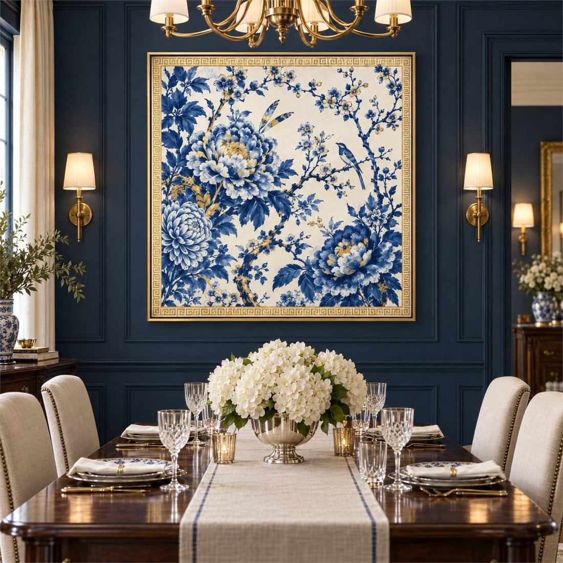Chinoiserie Wall Art – Oversized Blue, White and Gold Floral Textured Look Canvas for Living Room - Sense for Decor