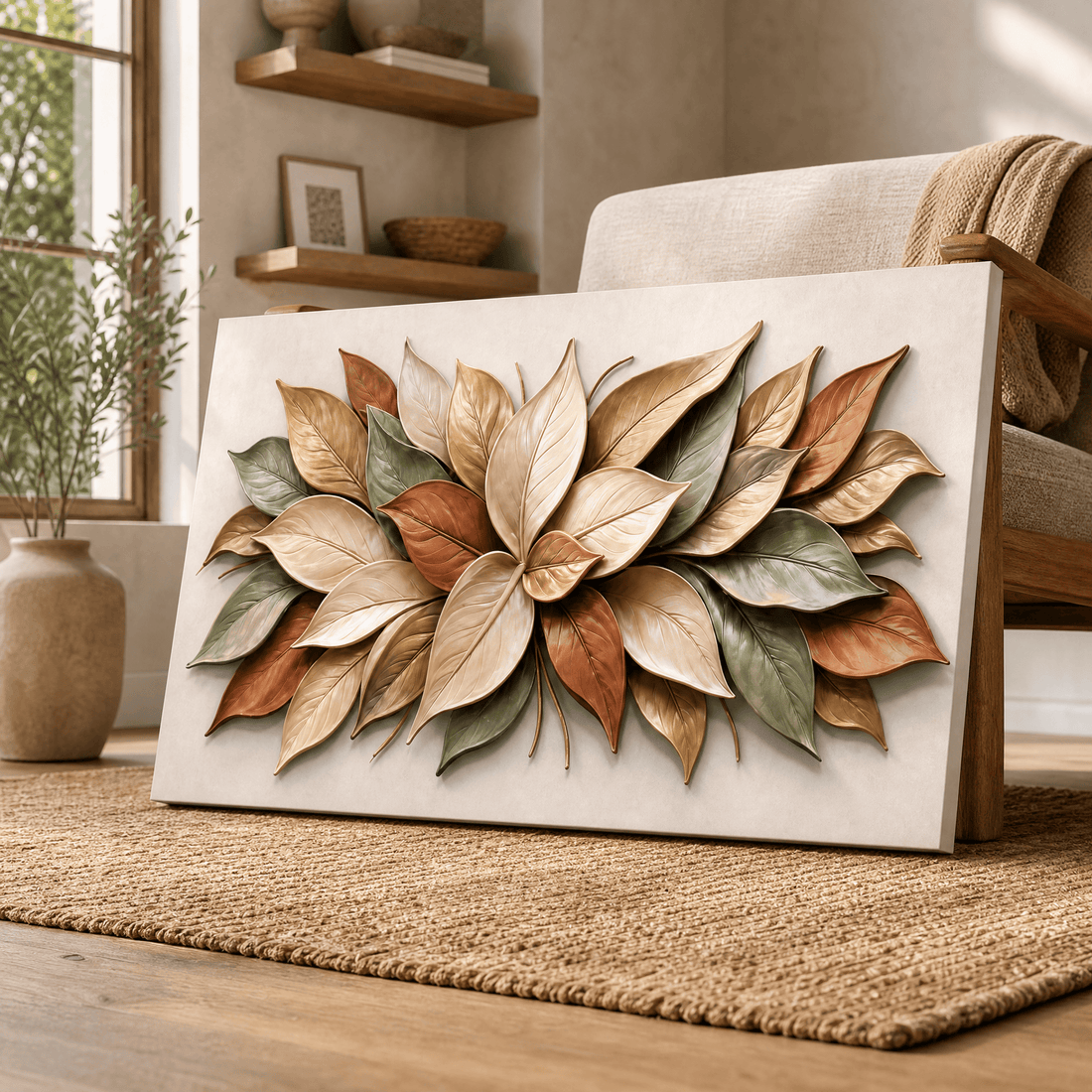 Autumn Magnolia Wall Art – Textured Cream, Sage & Terracotta Leaf Relief Canvas for Living Room