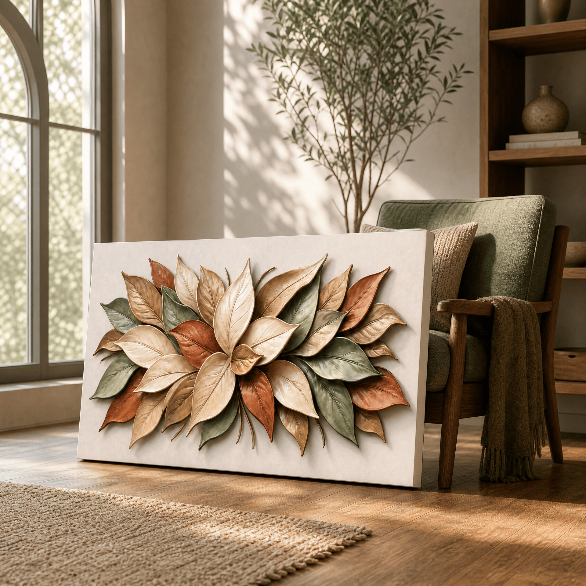 Autumn Magnolia Wall Art – Textured Cream, Sage & Terracotta Leaf Relief Canvas for Living Room