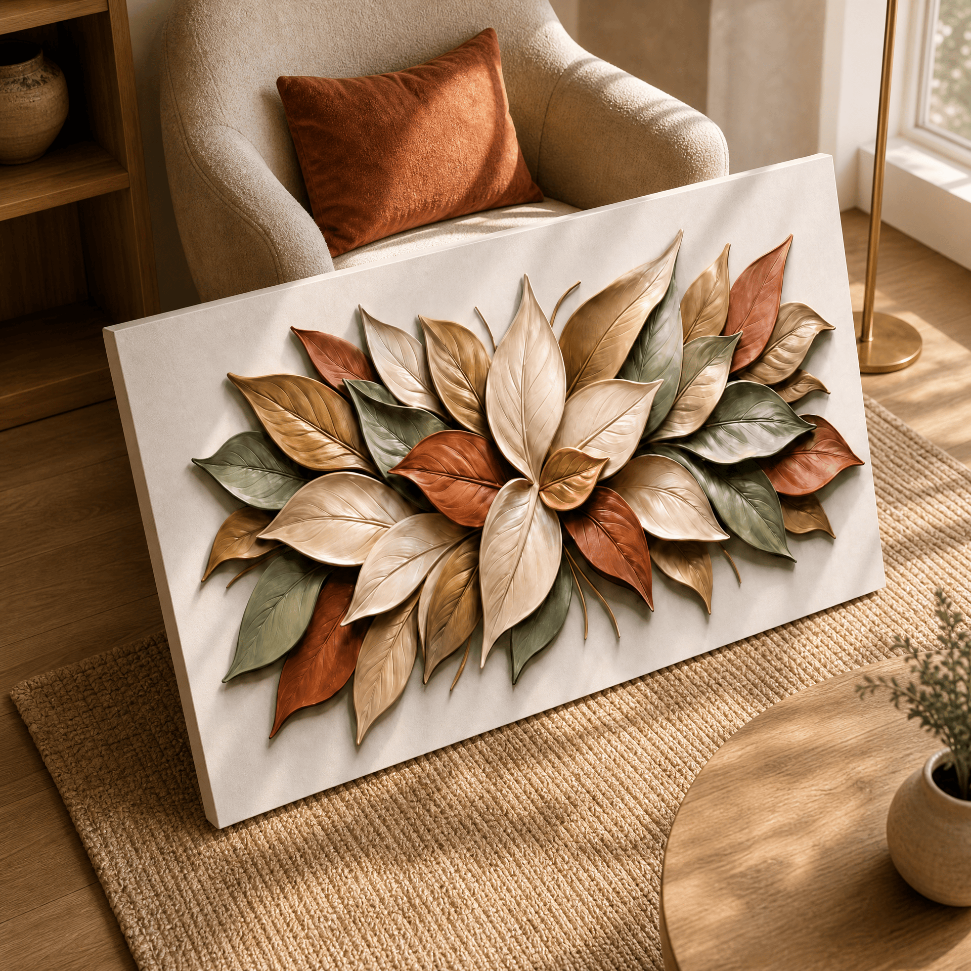 Autumn Magnolia Wall Art – Textured Cream, Sage & Terracotta Leaf Relief Canvas for Living Room