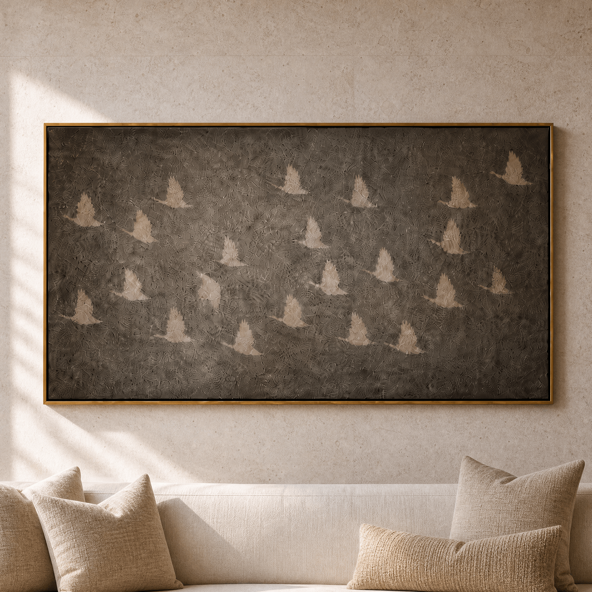 Close view of the horizontal flying birds canvas showing the relief surface and gold frame