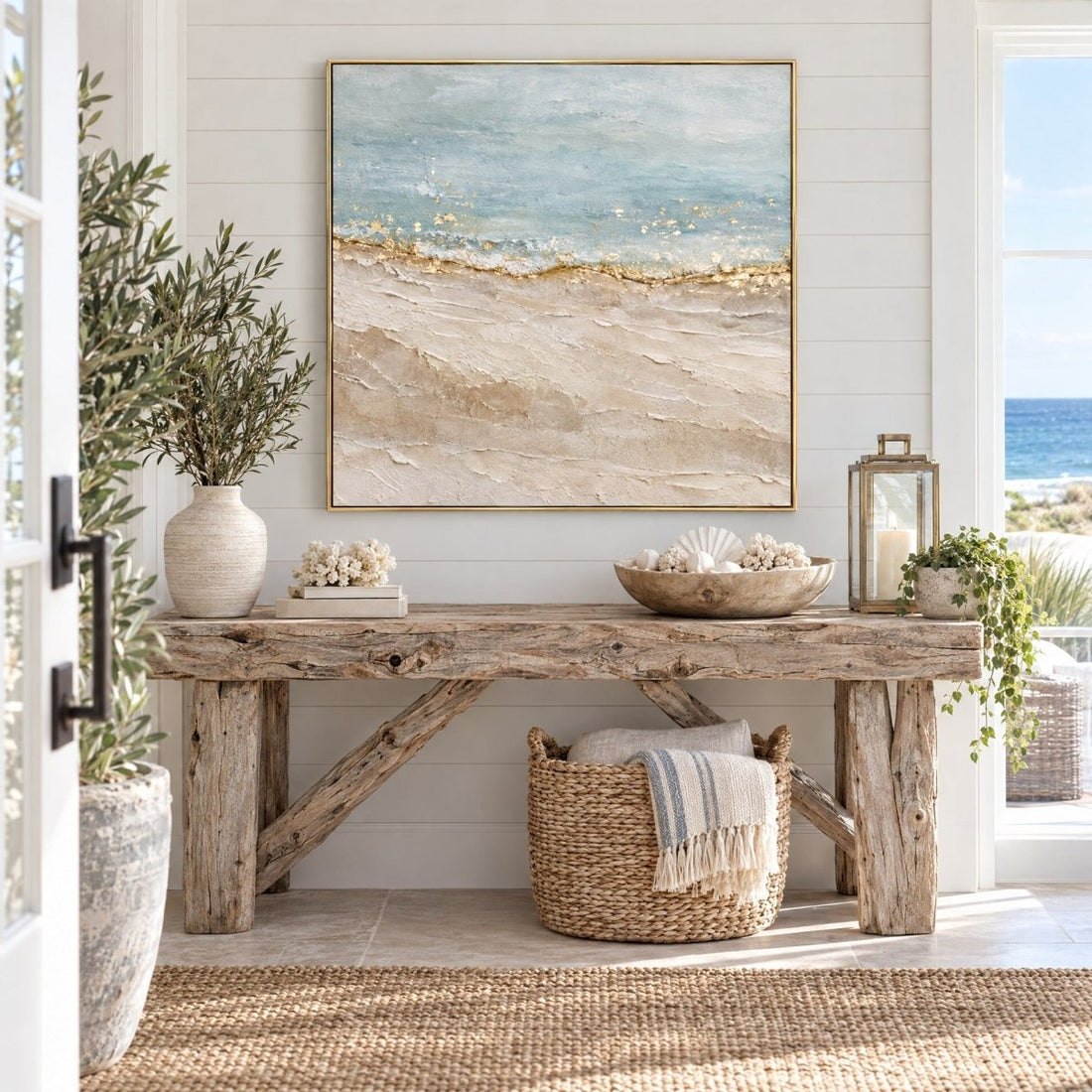 Coastal Wall Art – Oversized Blue and Gold Shoreline Abstract Textured Look Canvas for Living Room - Sense for Decor