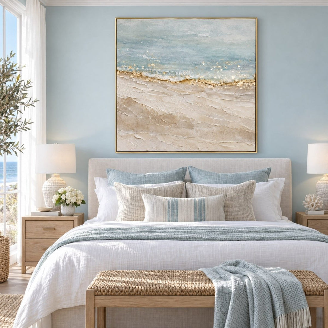 Coastal Wall Art – Oversized Blue and Gold Shoreline Abstract Textured Look Canvas for Living Room - Sense for Decor