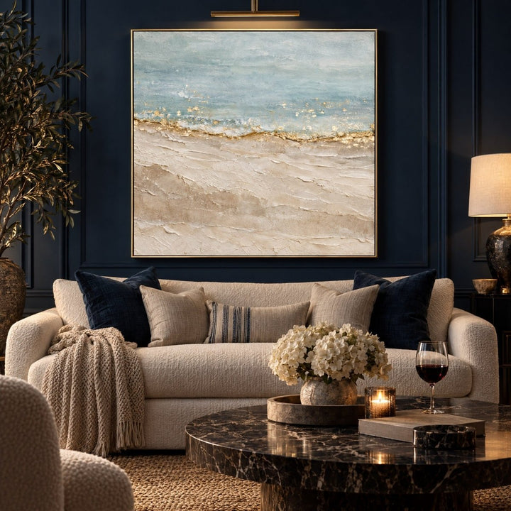 Coastal Wall Art – Oversized Blue and Gold Shoreline Abstract Textured Look Canvas for Living Room - Sense for Decor