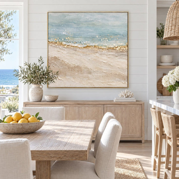Coastal Wall Art – Oversized Blue and Gold Shoreline Abstract Textured Look Canvas for Living Room - Sense for Decor