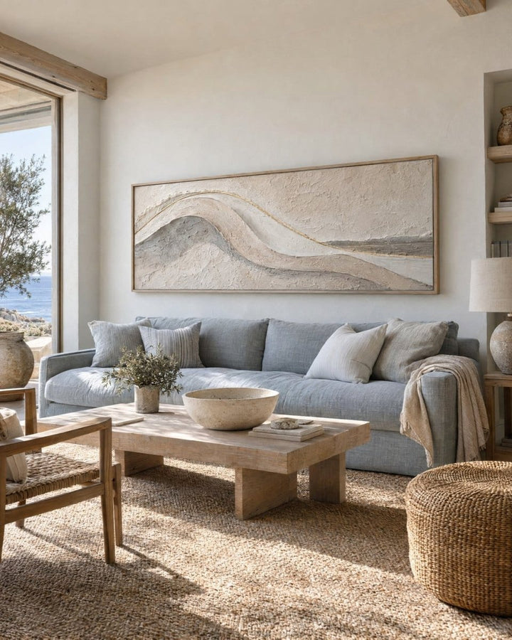 Coastal Wall Art – Oversized Panoramic Sculpted Wave Textured Look Canvas for Living Room - Sense for Decor