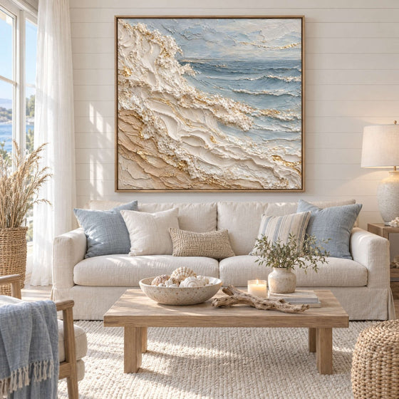 Coastal Wave Wall Art – Oversized White and Gold Breaking Surf Textured Look Canvas for Living Room