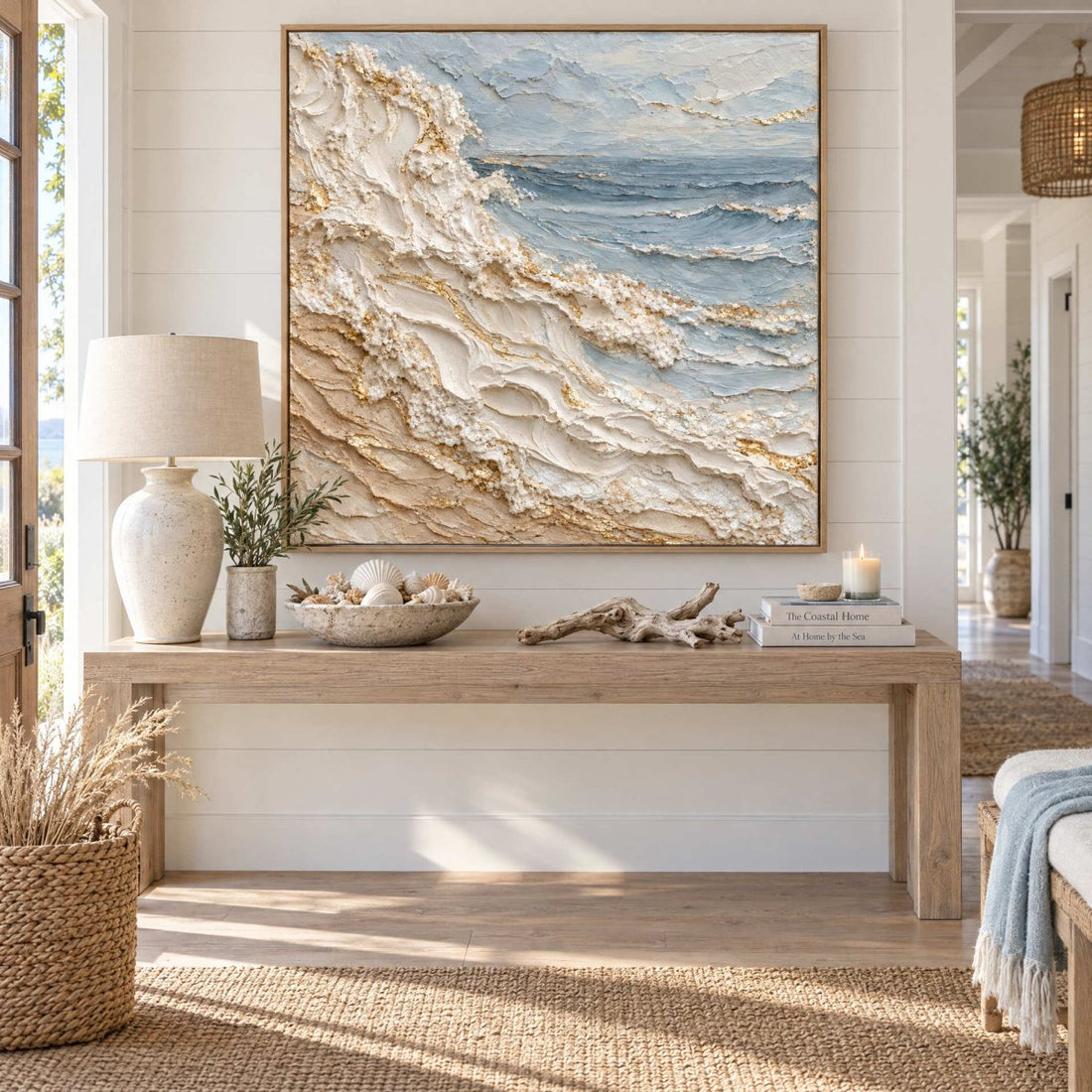 Coastal Wave Wall Art – Oversized White and Gold Breaking Surf Textured Look Canvas for Living Room - Sense for Decor