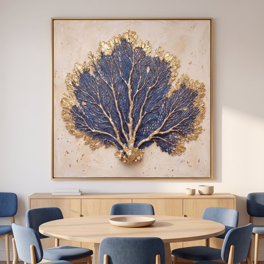 Blue and gold coral canvas above a sideboard in a coastal dining room