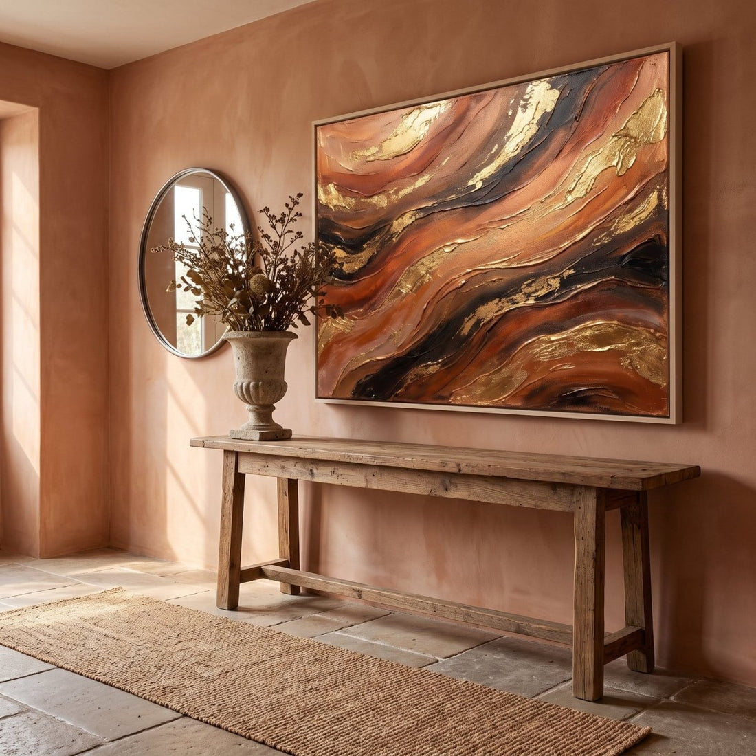 Copper and Gold Wall Art – Oversized Canyon River Textured Look Canvas for Living Room - Sense for Decor