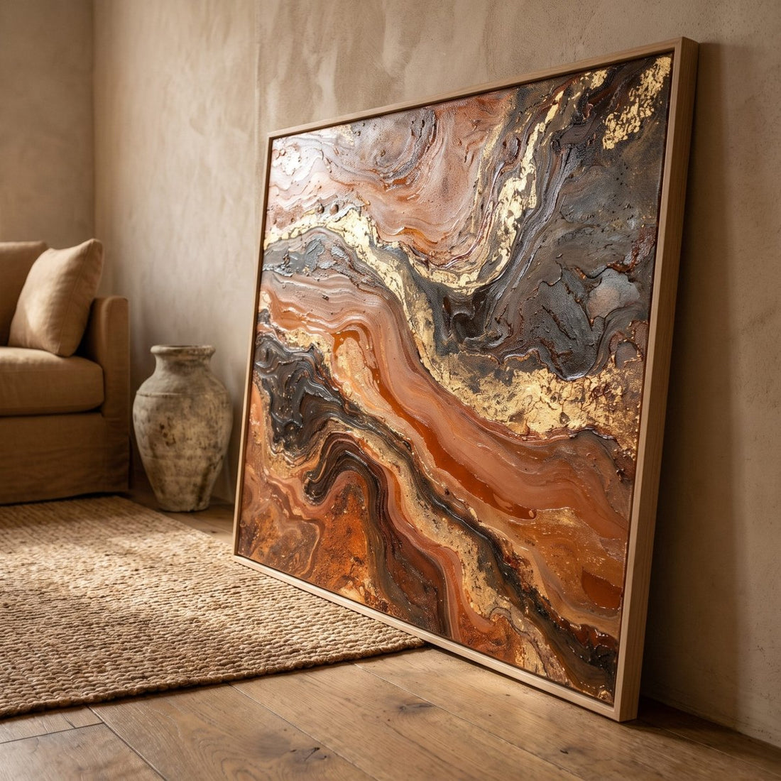 Copper and Gold Wall Art – Oversized Canyon River Textured Look Canvas for Living Room - Sense for Decor