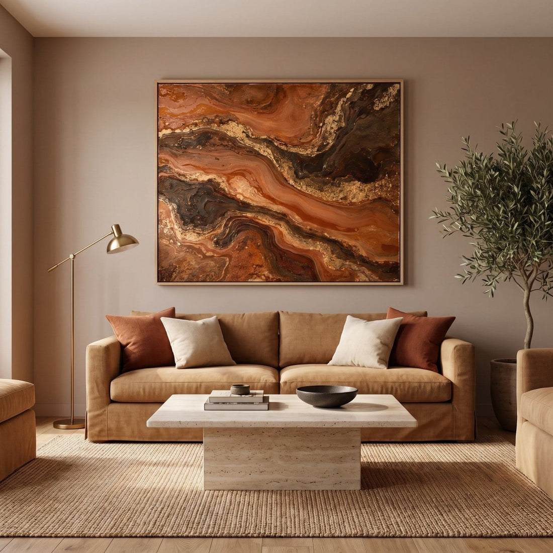 Copper and Gold Wall Art – Oversized Canyon River Textured Look Canvas for Living Room - Sense for Decor