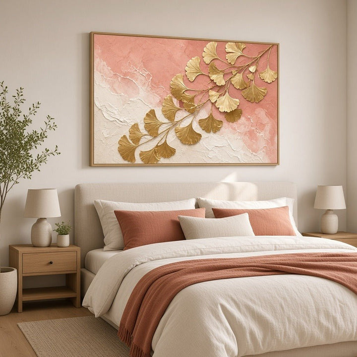 Coral and Gold Ginkgo Wall Art – Oversized Coral and Cream Abstract Leaf Textured Look Canvas for Living Room - Sense for Decor