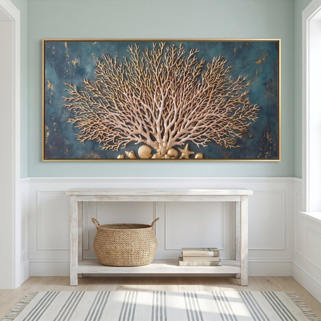 Coral Reef Wall Art – Oversized Gold and Teal Panoramic Sea Fan Textured Look Canvas for Living Room - Sense for Decor