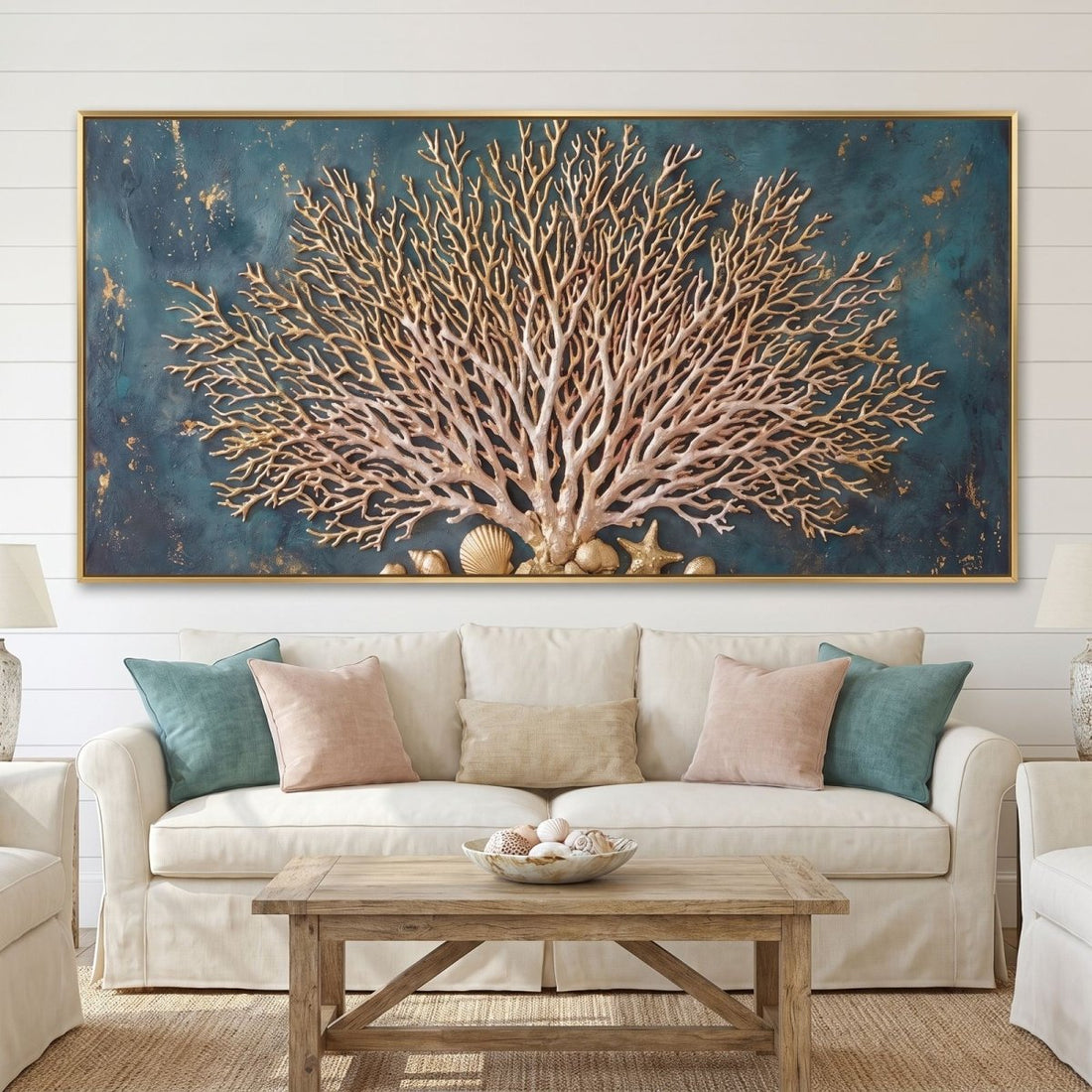 Coral Reef Wall Art – Oversized Gold and Teal Panoramic Sea Fan Textured Look Canvas for Living Room - Sense for Decor
