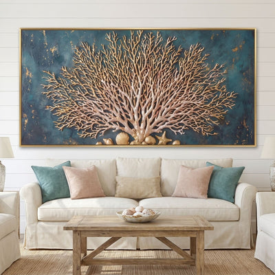 Coral Reef Wall Art – Oversized Gold and Teal Panoramic Sea Fan Textured Look Canvas for Living Room - Sense for Decor