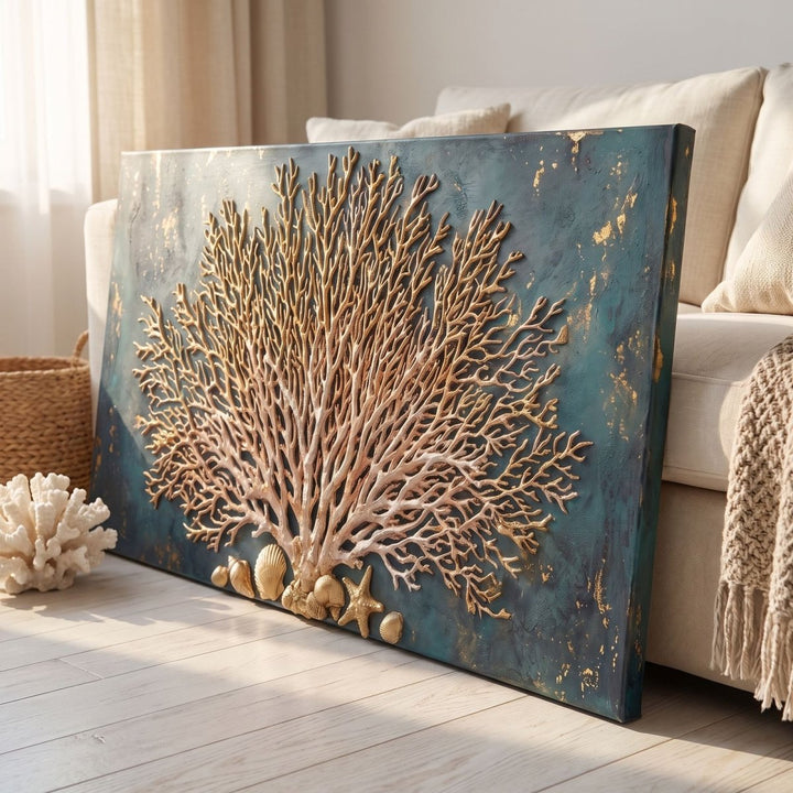 Coral Reef Wall Art – Oversized Gold and Teal Panoramic Sea Fan Textured Look Canvas for Living Room - Sense for Decor