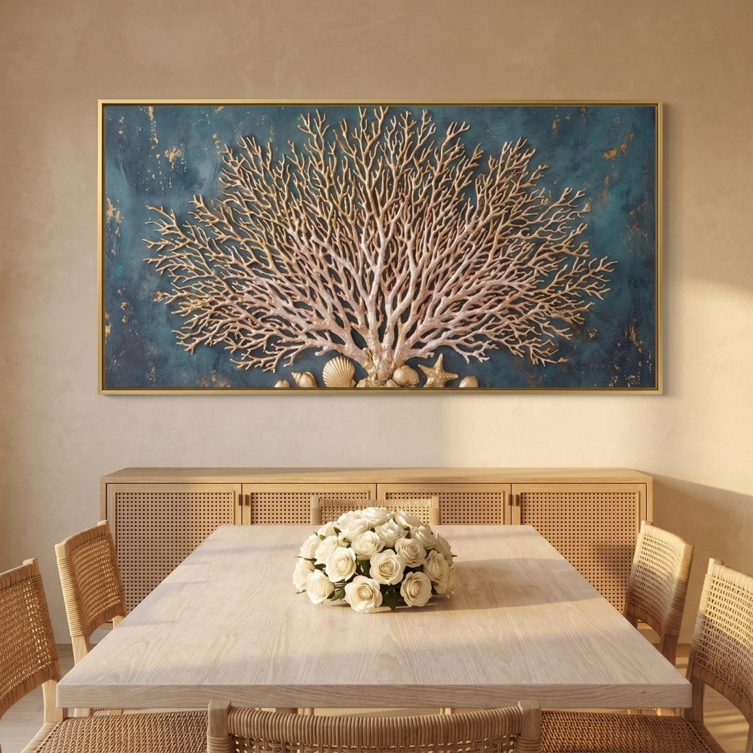Coral Reef Wall Art – Oversized Gold and Teal Panoramic Sea Fan Textured Look Canvas for Living Room - Sense for Decor