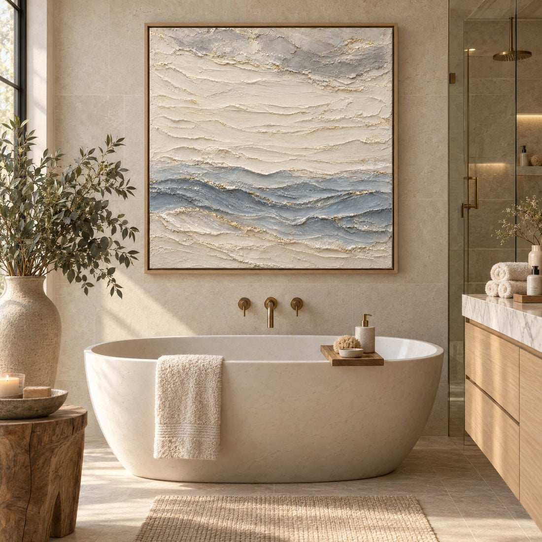 Cream and Blue Wall Art – Oversized Layered Wave Textured Look Canvas for Living Room and Bedroom - Sense for Decor