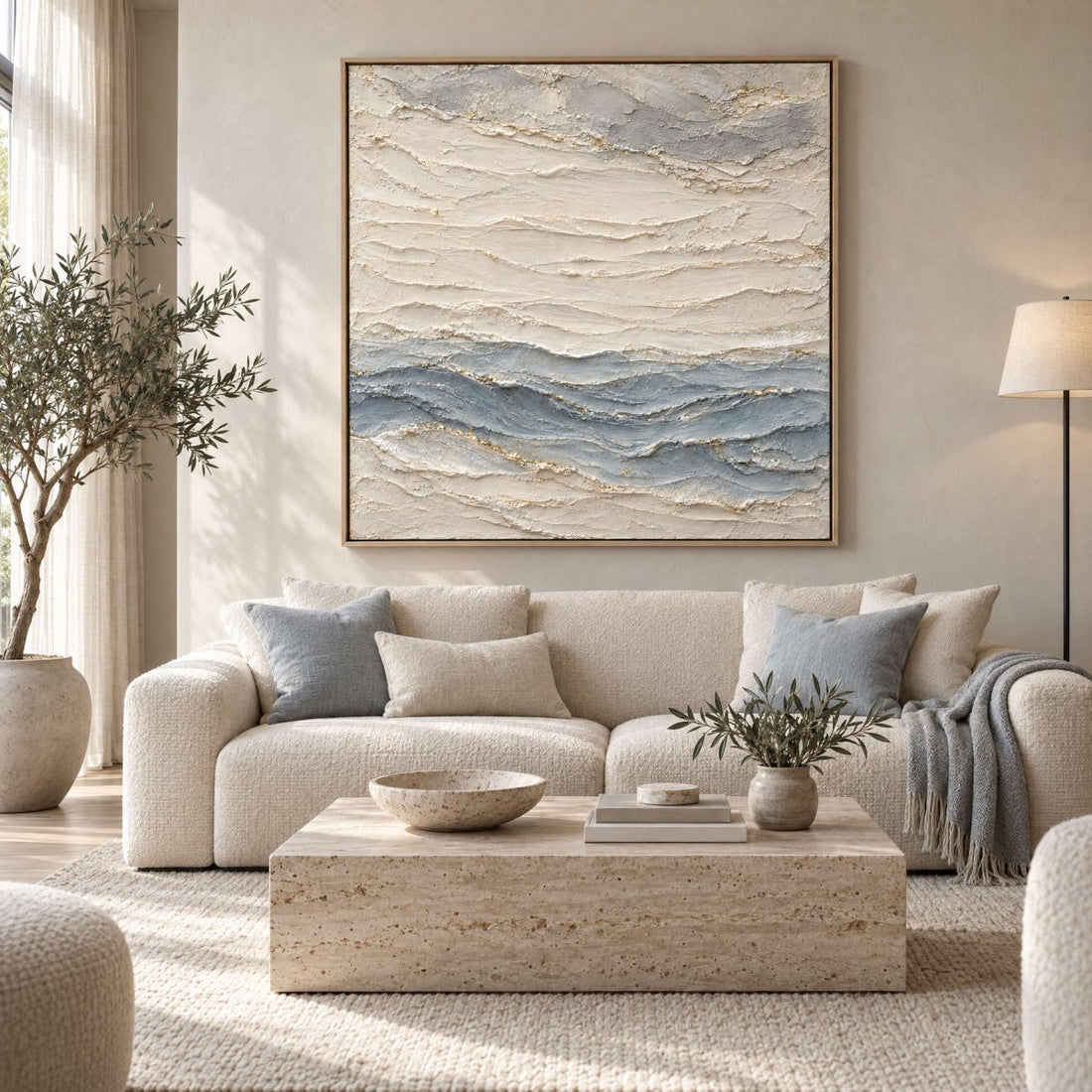 Cream and Blue Wall Art – Oversized Layered Wave Textured Look Canvas for Living Room and Bedroom - Sense for Decor