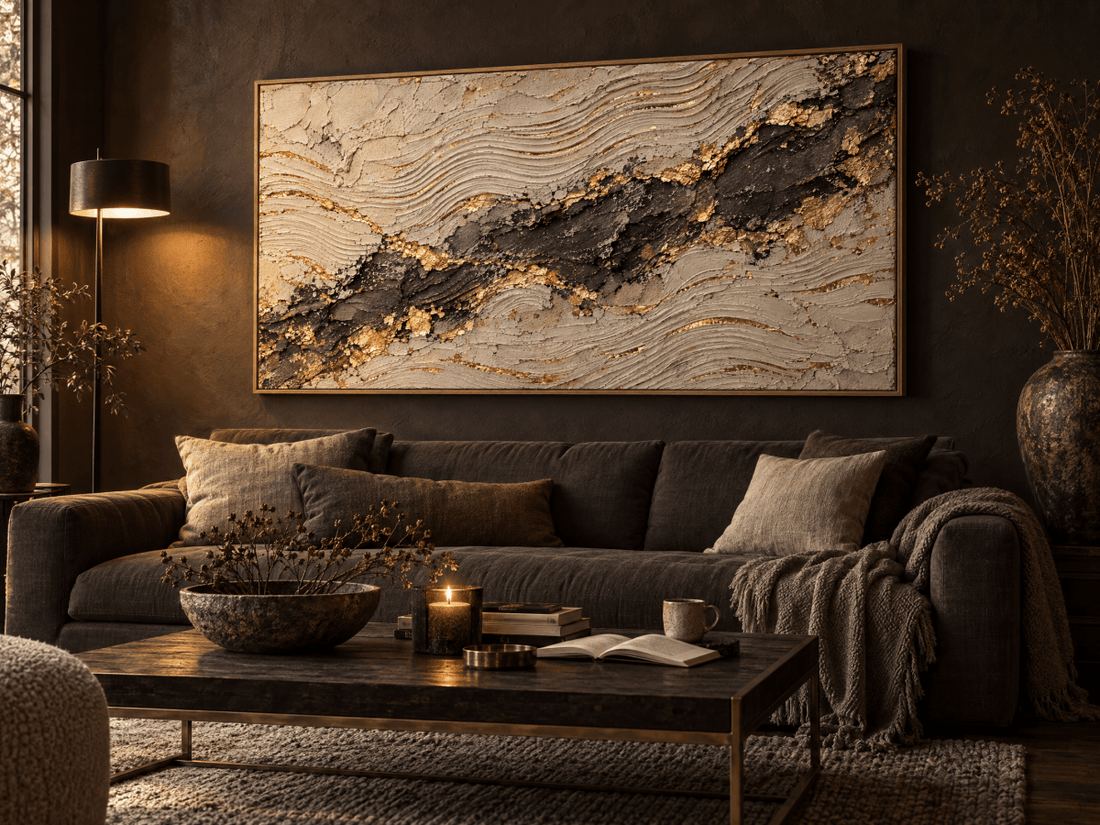Cream and Gold Abstract Wall Art – Oversized Charcoal Seam Textured Look Canvas for Living Room - Sense for Decor