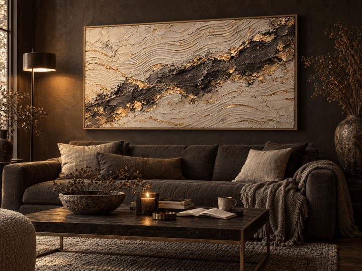 Cream and Gold Abstract Wall Art – Oversized Charcoal Seam Textured Look Canvas for Living Room - Sense for Decor