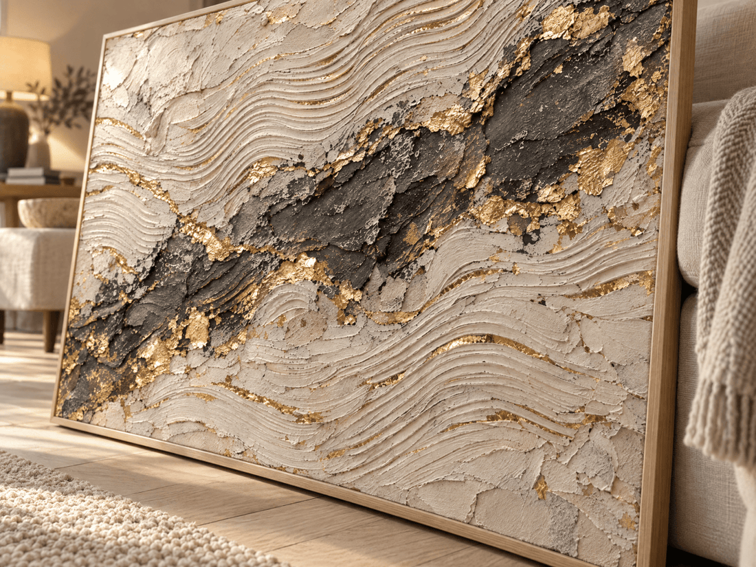 Cream and Gold Abstract Wall Art – Oversized Charcoal Seam Textured Look Canvas for Living Room - Sense for Decor