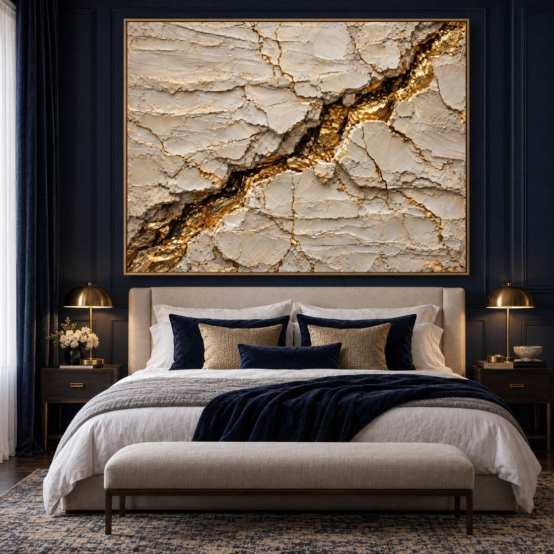 Cream and Gold Wall Art – Oversized Cracked Plaster Textured Look Canvas with Gold Seam for Living Room - Sense for Decor