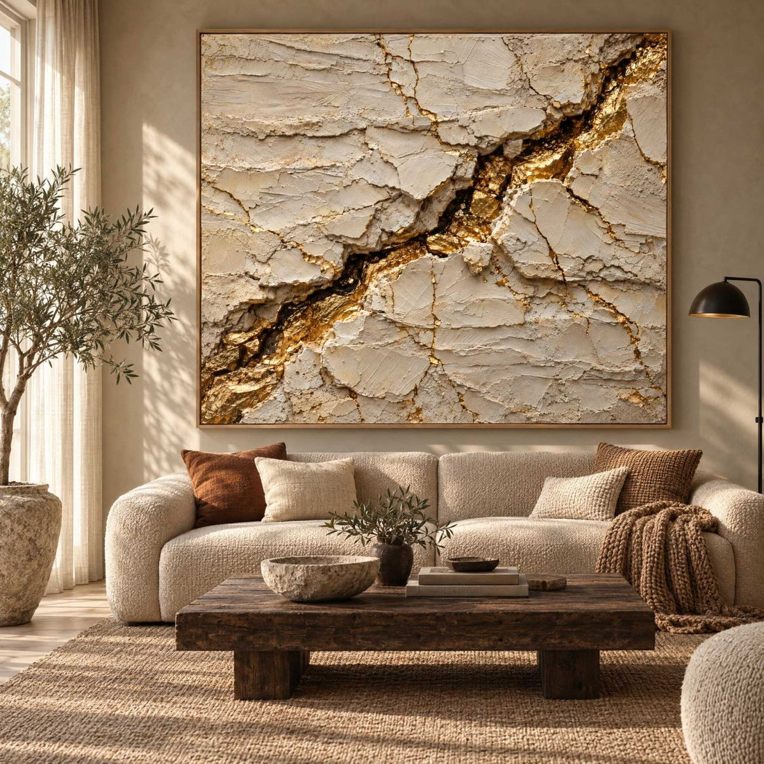 Cream and Gold Wall Art – Oversized Cracked Plaster Textured Look Canvas with Gold Seam for Living Room - Sense for Decor