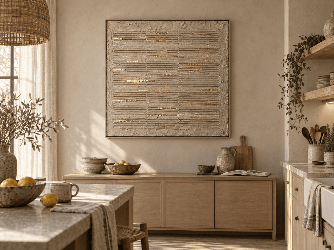 Cream and Gold Wall Art – Oversized Ridged Plaster Textured Look Canvas for Bedroom and Dining Room - Sense for Decor