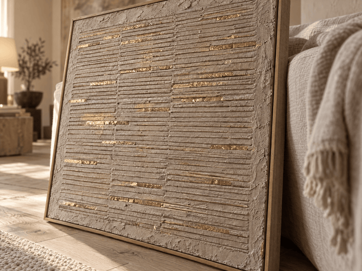 Cream and Gold Wall Art – Oversized Ridged Plaster Textured Look Canvas for Bedroom and Dining Room - Sense for Decor