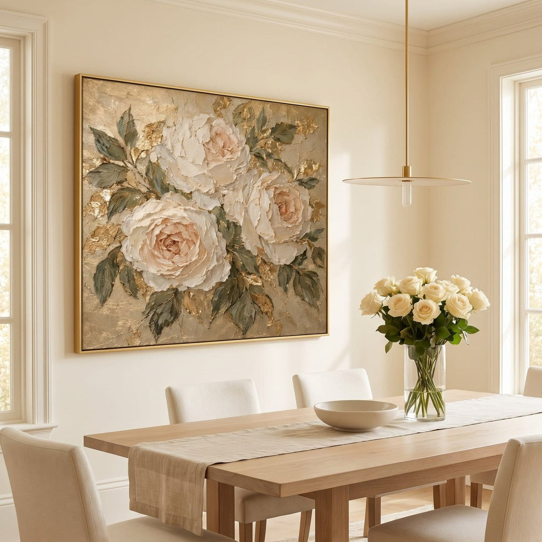 Cream Rose Wall Art – Oversized Garden Rose Textured Look Canvas for Bedroom and Living Room - Sense for Decor