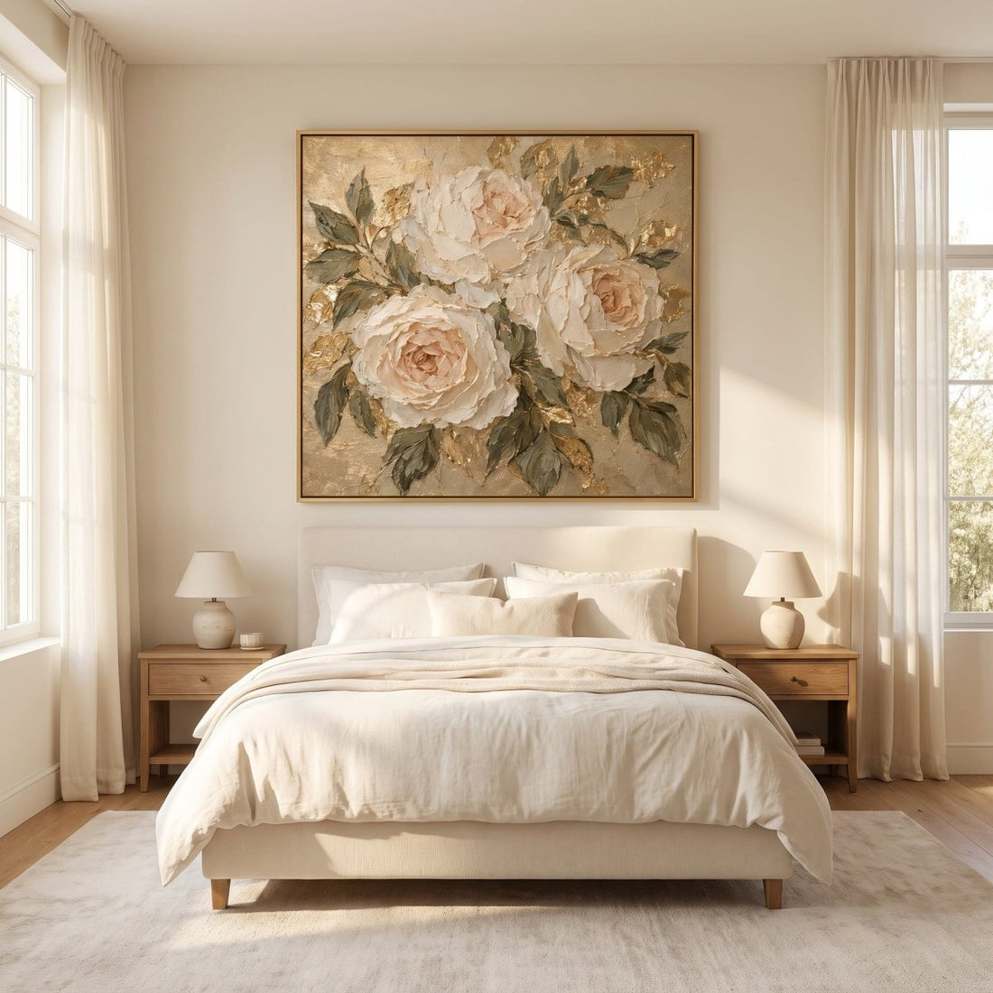 Cream Rose Wall Art – Oversized Garden Rose Textured Look Canvas for Bedroom and Living Room - Sense for Decor