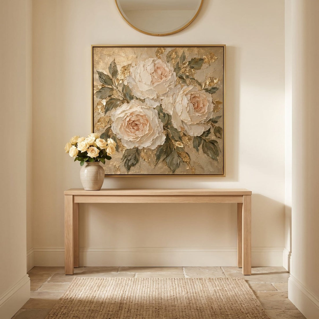 Cream Rose Wall Art – Oversized Garden Rose Textured Look Canvas for Bedroom and Living Room - Sense for Decor