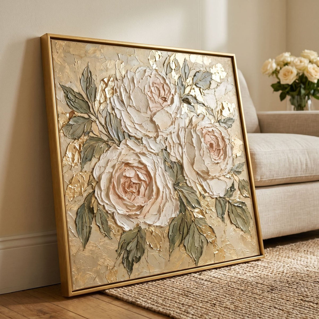 Cream Rose Wall Art – Oversized Garden Rose Textured Look Canvas for Bedroom and Living Room - Sense for Decor