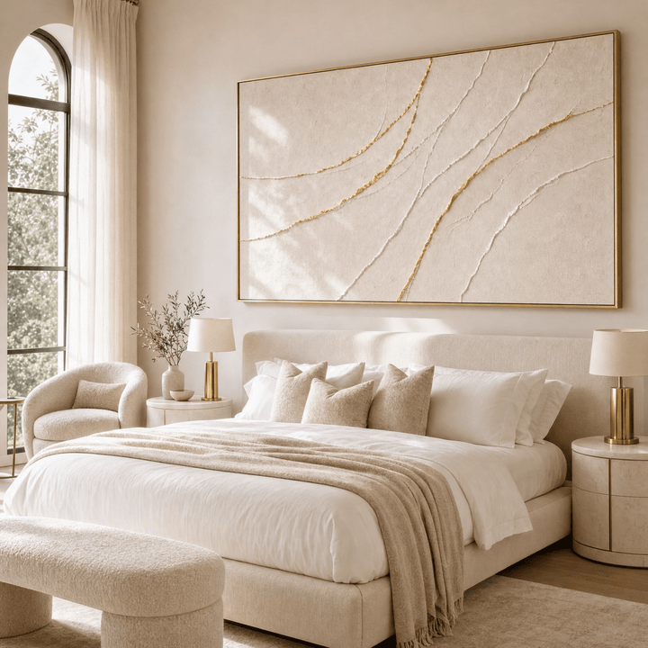 Minimalist Cream & Gold Wall Art | Hand-Embellished Textured Canvas | Neutral Abstract Large Statement Piece